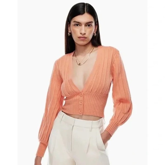 Aritzia Wilfred Plunge Front Cardigan Size Large Peach V-Neck Merino Wool Blend - Picture 2 of 14